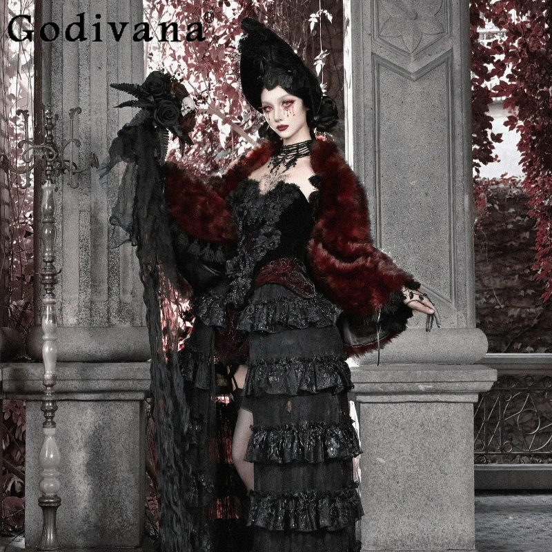 Mantella Gotica Rossa Romantica con Pelliccia, Cappotto Invernale Femminile in Stile Giapponese, Dolce Scialle Oversize a Maniche Lunghe per Donne