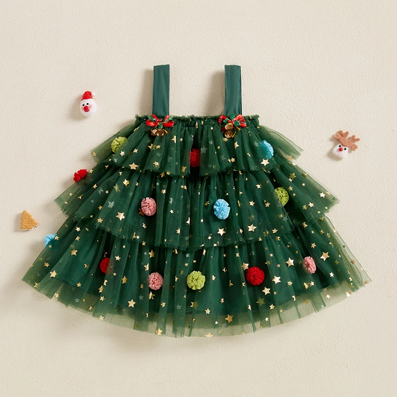 Toddler Baby Girl Christmas Tree Dress Outfit Star Print Sleeveless Layered Tulle Pompom Embroidery Christmas Dress