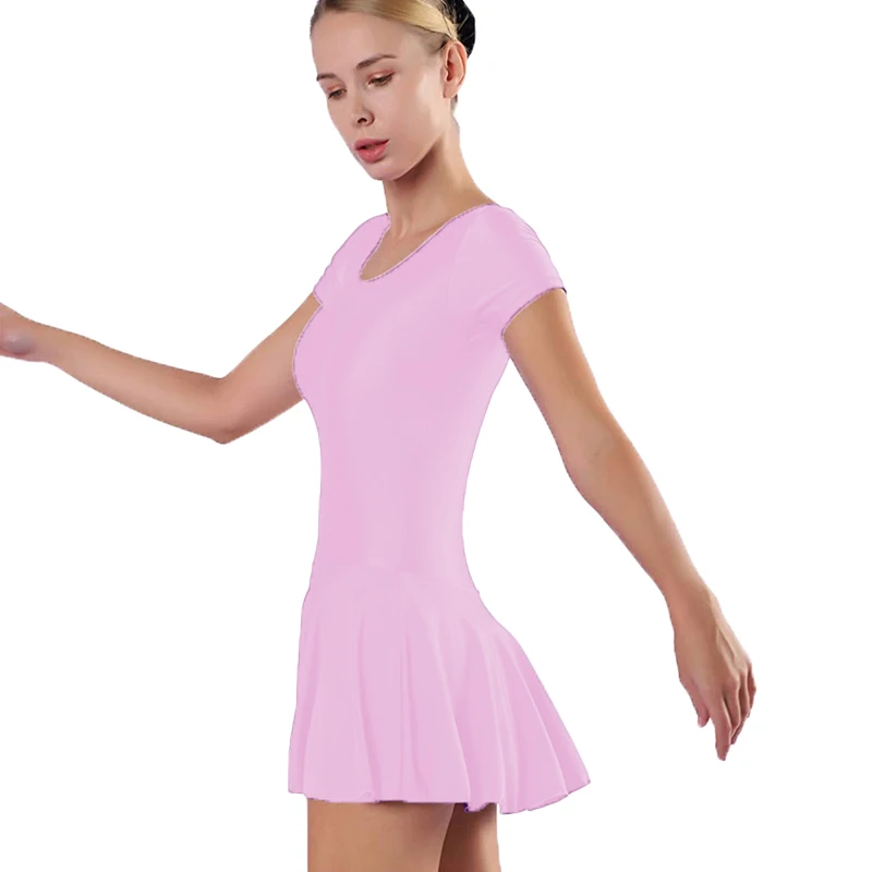 Summer Women Ballet Dance Skirted Leotards Short Sleeve One Piece Bodysuit with Skirts Gymnastics Dress Dancewear Costumes Adult