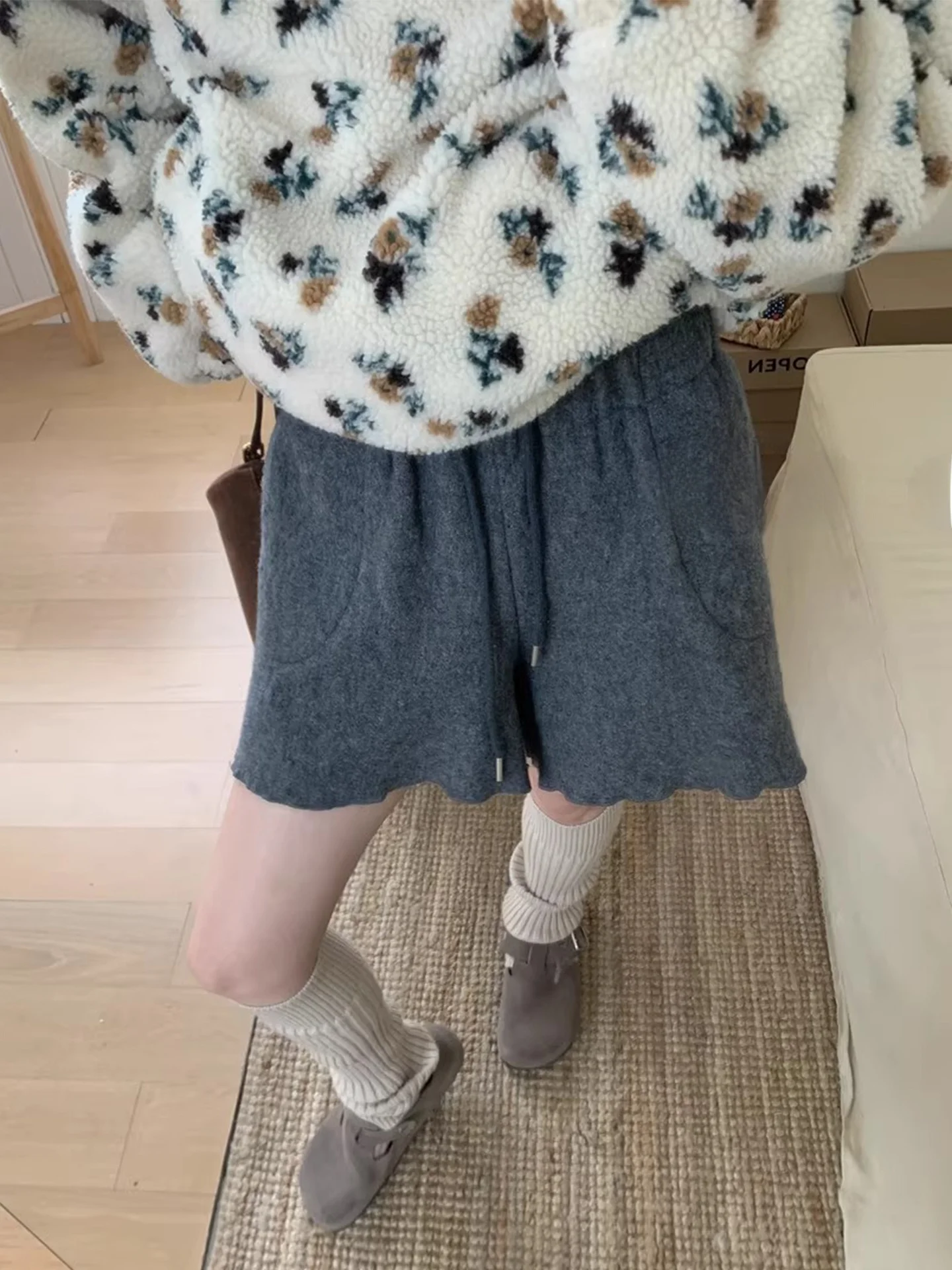 السيدات مستقيم الساق الصوفية عارضة السراويل عالية الخصر Dstring واسعة الساق ort السراويل لون نقي كيت تصميم الشتاء Faion #3