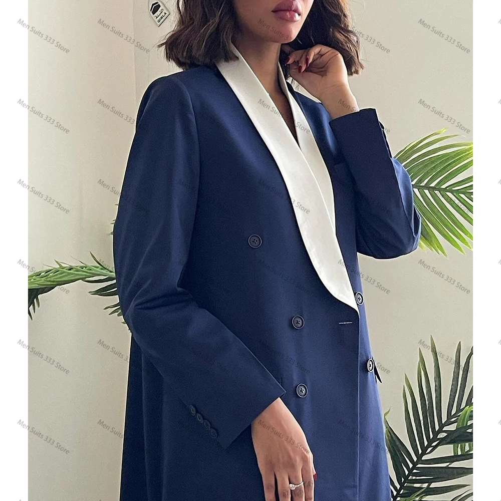 Abayas Double Breasted Blue Blazer White Shawl Lapel Loose Outfits 1 Piece High Quality Long Jacket Elegant Women Clothing 2024