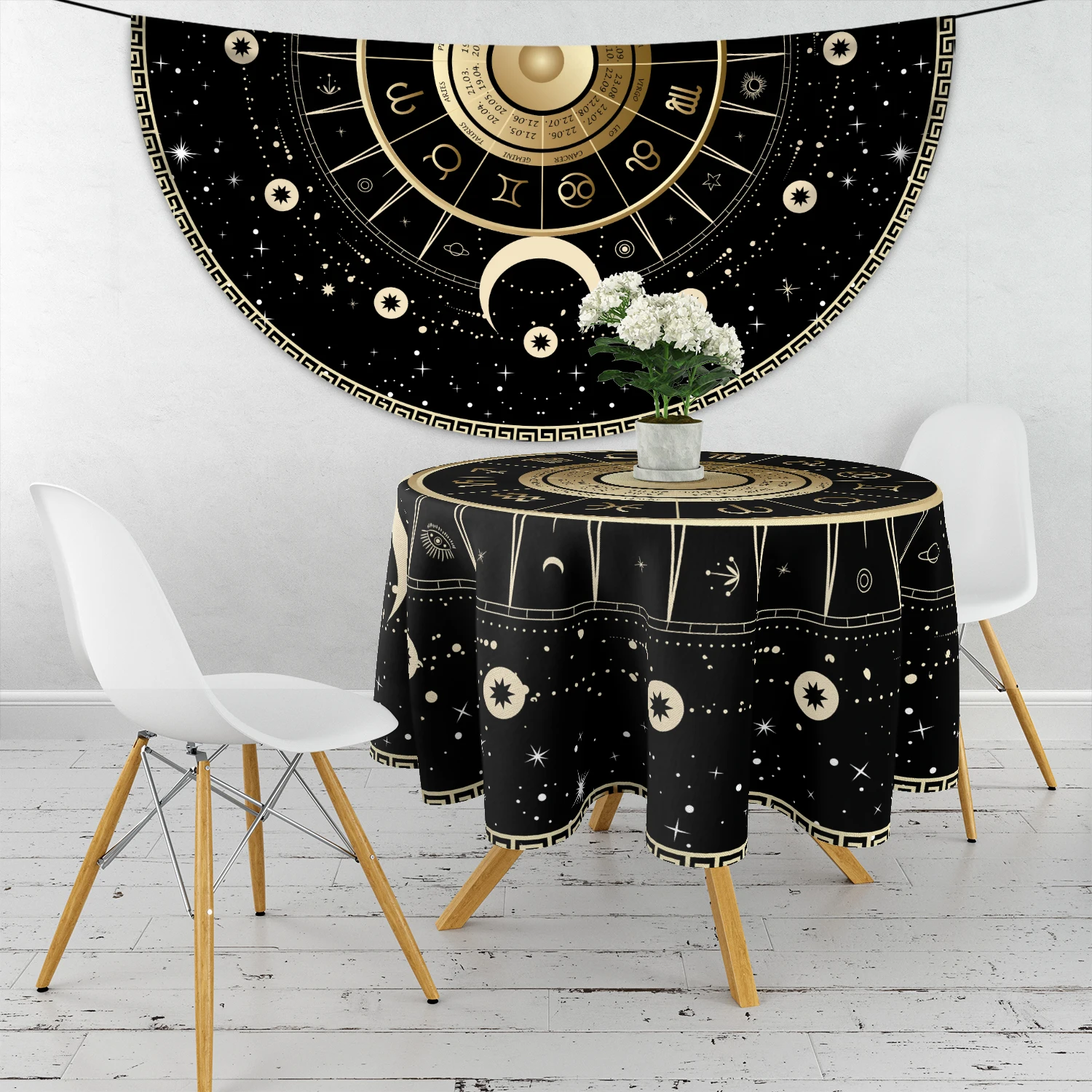 1 Piece Tarot Circular Tablecloth Waterproof Color Terrace Dining Table Cover Multi-purpose Towel 63 inch Black Gold Tableclot