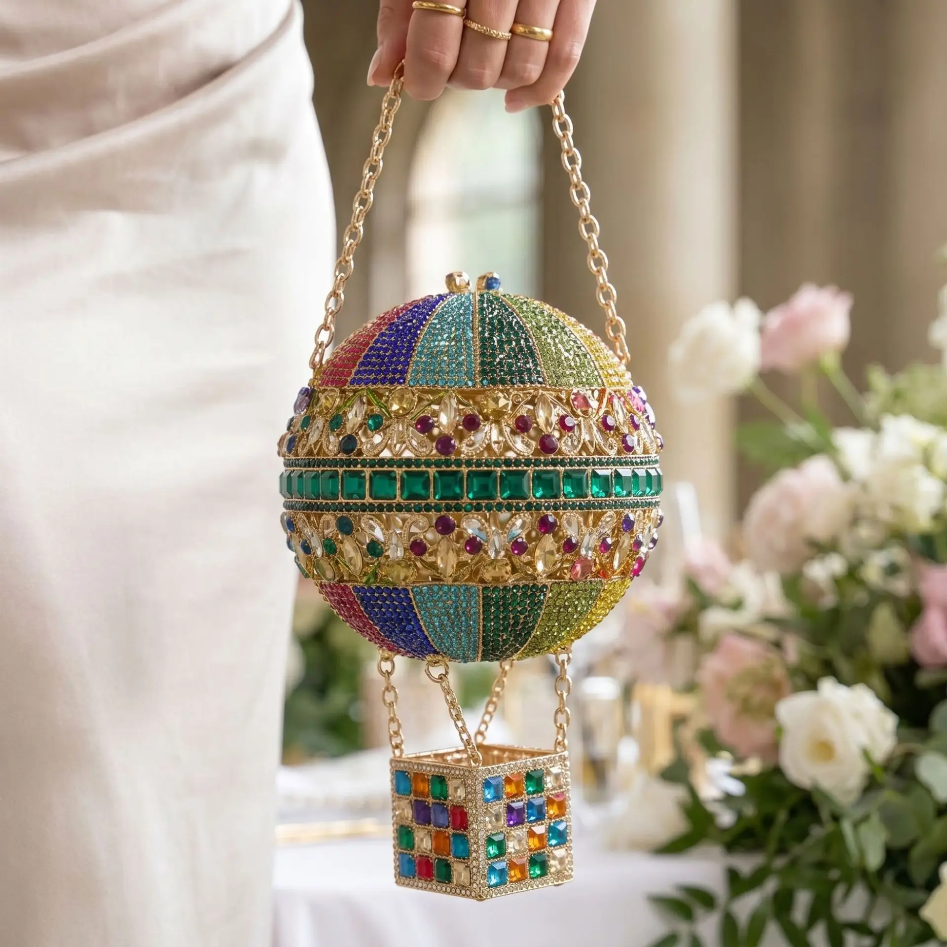 French Retro Hot Air Balloon Heavy Industry High-End Dinner Party Shiny Bad Water Diamond Hand Messenger Bag