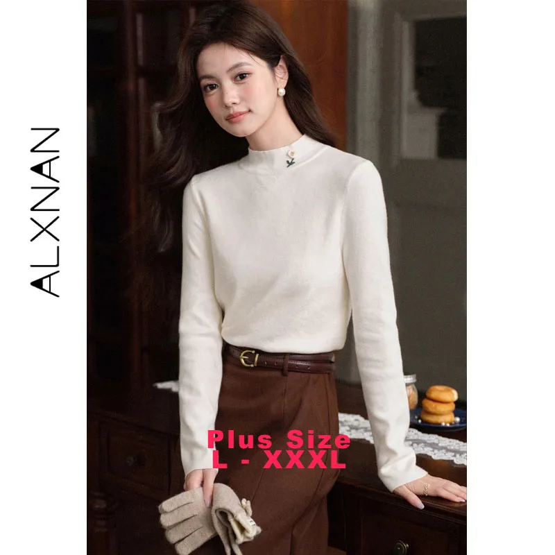 

ALXNAN футболка больших размеров с длинным рукавом с воротником-стойкой и цветочной вышивкой, пуловер с обычными плечами, приятный для кожи мягкий трикотаж D58511