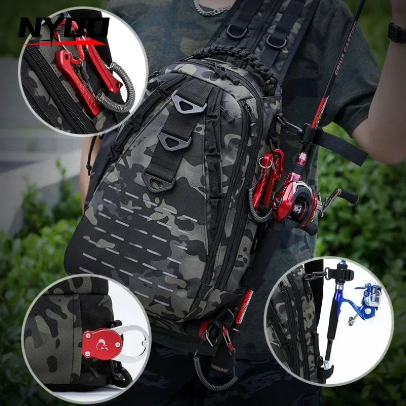 Outdoor Tactical Chest Pack Fishing Gear Fishing Rod Lua Bag Waterproof Hiking Travel Backpack Large Capacity Crossbody Bag