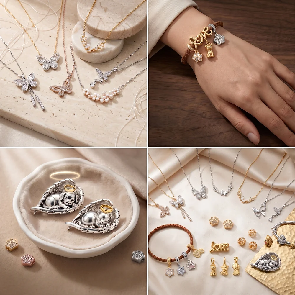 Hot-Selling DIY Fashionable Cute Pet Paw Print Angel Cat Dog Charms Bead Fit Original Snake Bone Bracelet For Woman Jewelry Gift