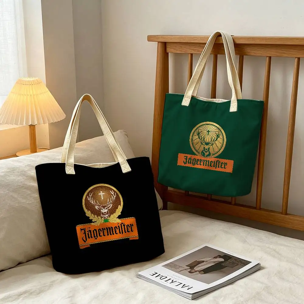 Fashion Drinks J-Jagermeister pattern printed canvas tote bag, suitable for daily use, shopping, school, and travel