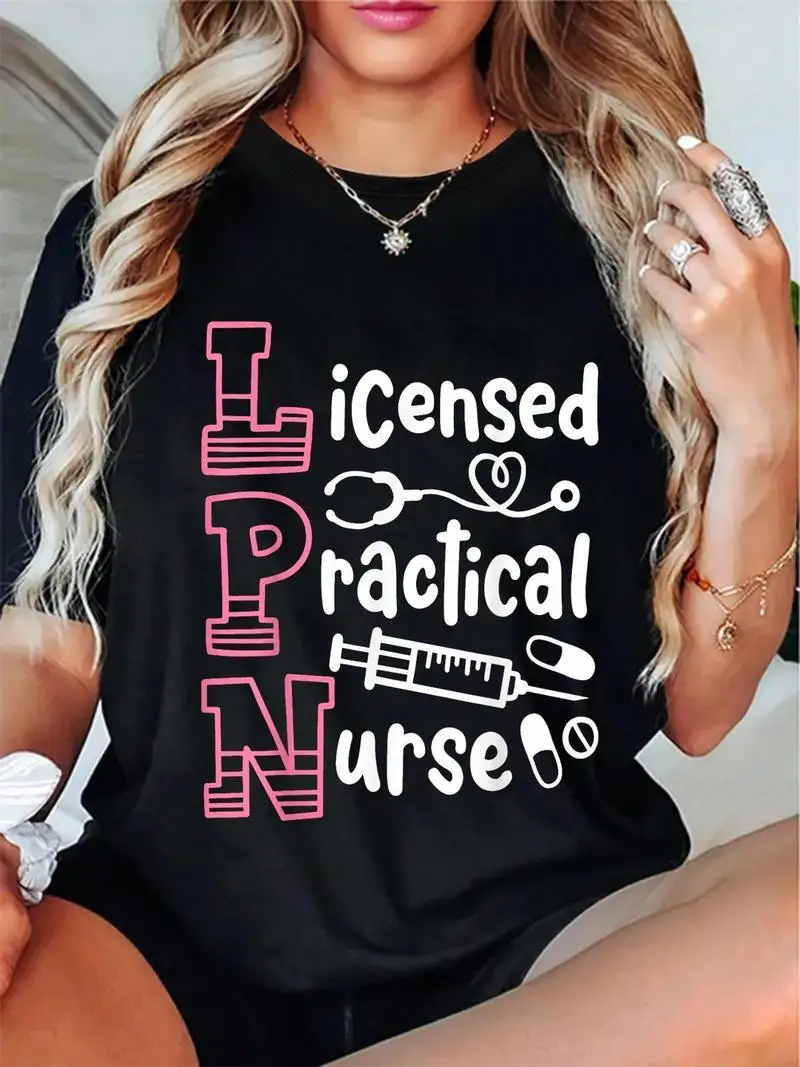 100% Lpn Licensed Practical Nurse T-Shirt Black With Pink Medical Symbols And Lettering Casual Short Sleeve Round Neck Tee Gift