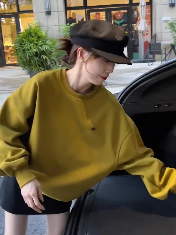 

Chic Yellow round Ne Sweatirt Women's Autumn Winter Sle Unique Design Small Size Faionable Top Korean Version Long Sl...