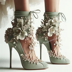 Green Flower Lace Up Crystal Boots Pointed Toe Thin High Heel Fashion Cool Sexy Western Winter Woman Shoes Zapatillas Mujer