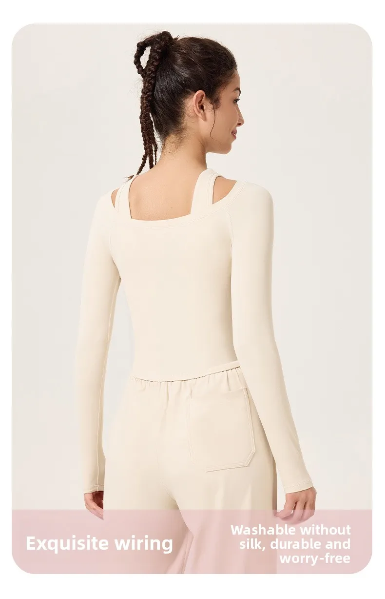 Women's Autumn High Stretch Slimming T-shirt Casual Long Sleeve Sports Top Sexy Waist Shaping Shoulder Detail