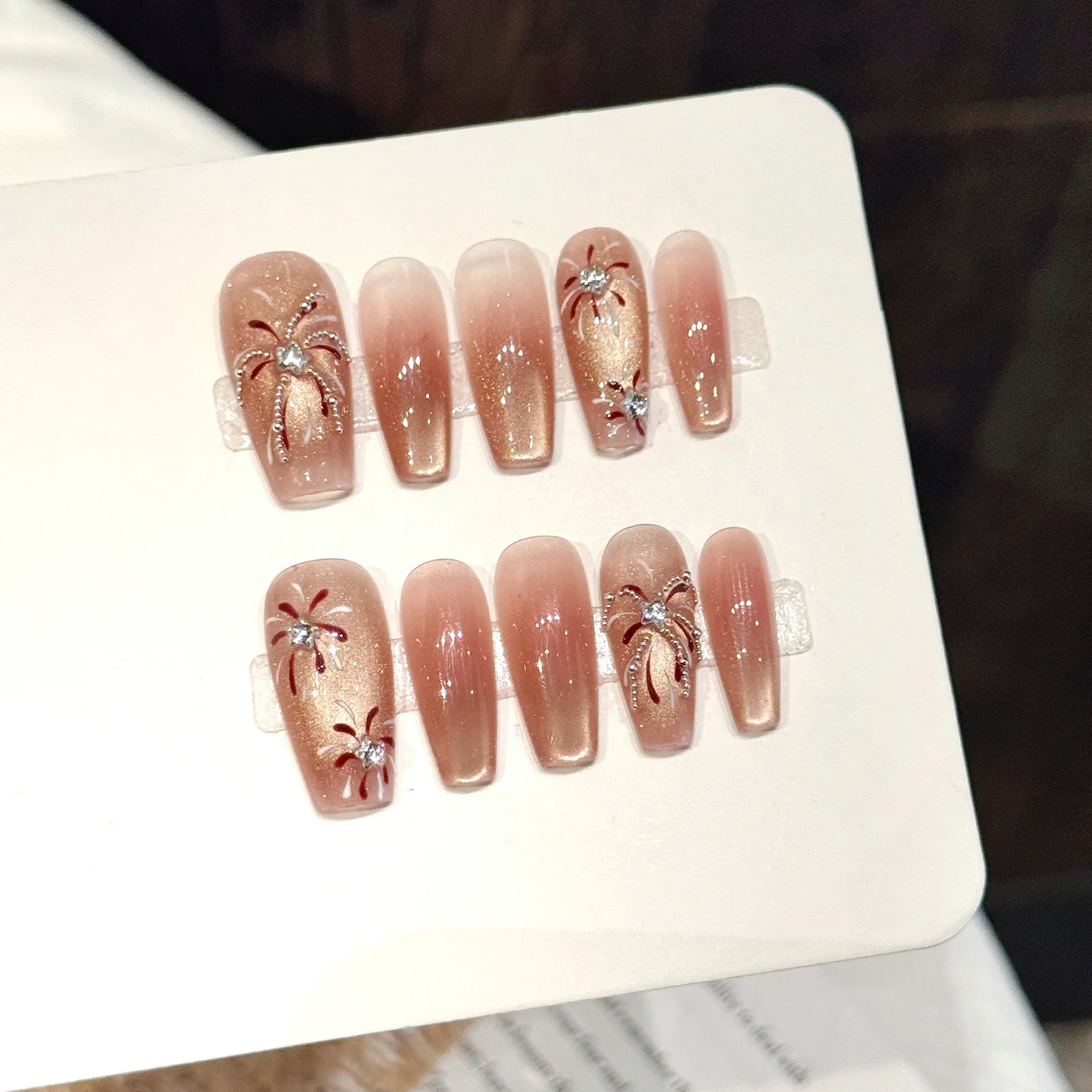 10pcs Handmade New Year Press on Nails  Flash Cat's Eye Fake Nails with Firework Rhinestone Decor Wearable Ins Sweet False Nails