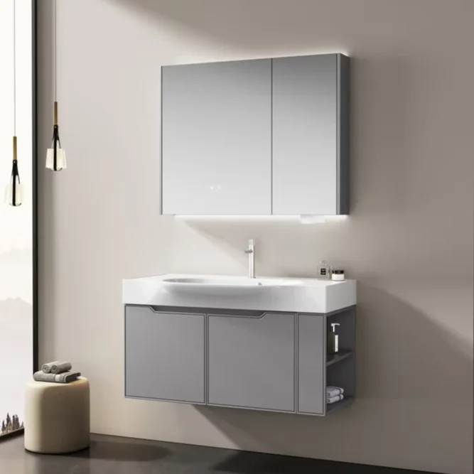 Luxury Modern Wall Hung Water Resistant Washbasin Unit with Multi-layer Board and Spacious Storage for Villa Bathroom