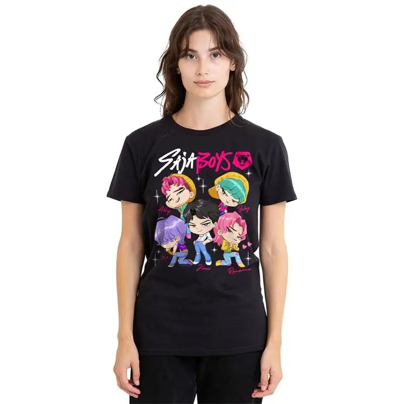 

Kpop Demon Hunters Saja Boys Женская футболка с плакатом в стиле чиби, черная