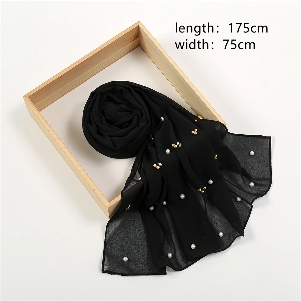 New Plain Chiffon Muslim Hijab Shawls With Pearls Scarves For Women Solid Color Headscarf Wraps Islam Headband Turbans Foulard