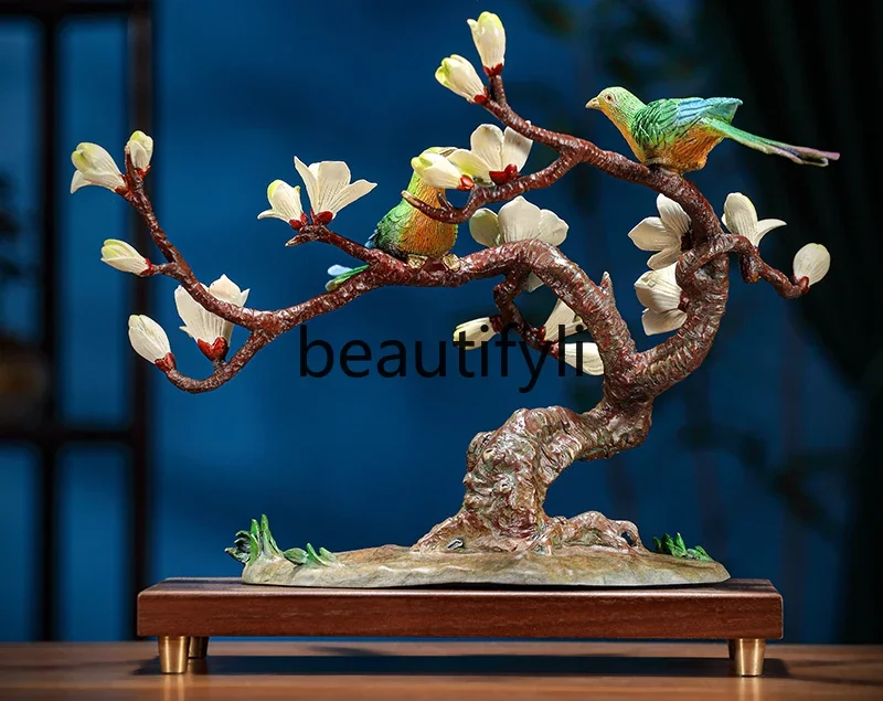 

Brass flower and bird ornament, sparrow newspaper, orchid new Chinese-style home entrance, living room wine cabinet decoration