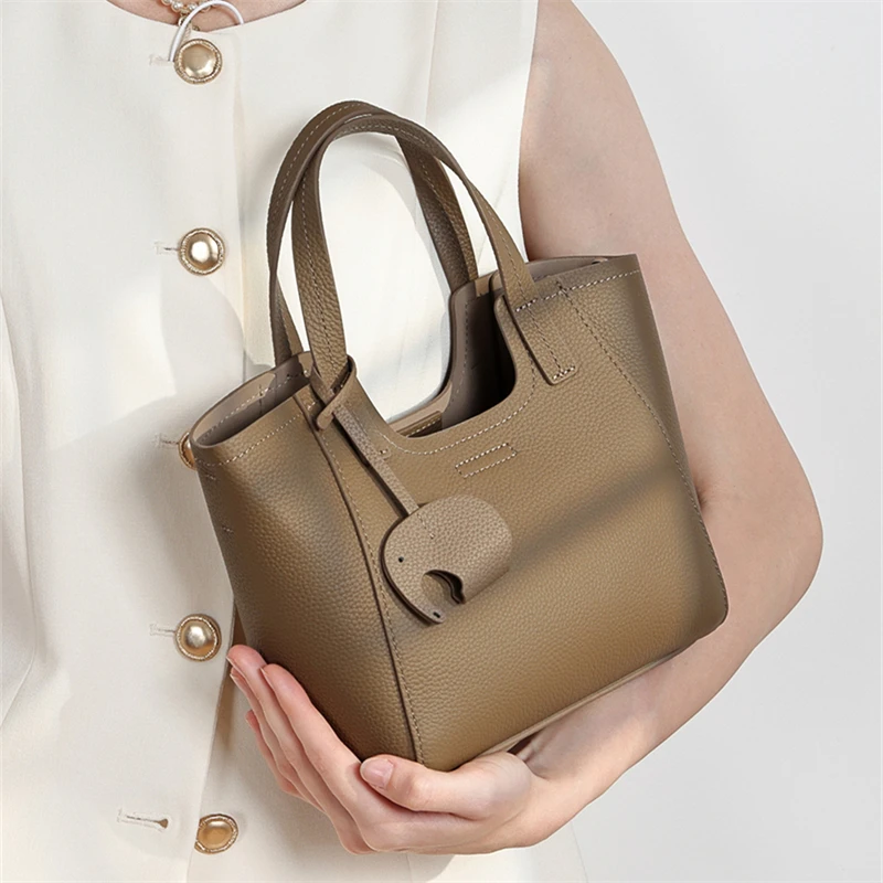 HIFASHION Trendy Bucket Genuine Leather Handbags Women Simple Elegant Top Handle Travel Tote Daily Work Shoulder Crossbody Bags