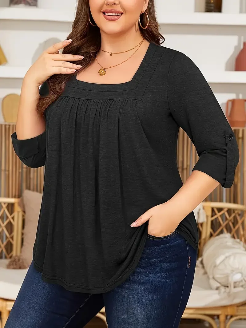 

Плюс размер 1XL-5XL, женская модная однотонная блузка с квадратным вырезом, женская повседневная летняя однотонная блузка, рубашка, топы