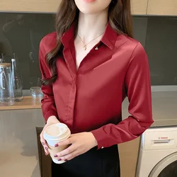 Satin Women's Shirts Elegant Blouse for Women Long Sleeve Shirt Silk Red Shirt OL Woman Blouses Ladies Tops 2024 Female Clothing