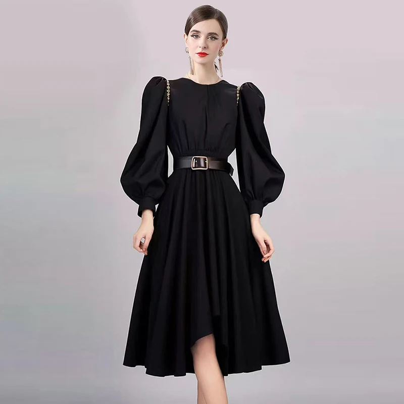 

Spring Autumn New Women's Slim Fit Long Sleeved Dress French Irregular Bubble Sleeve Black Elegant Party Dress S160