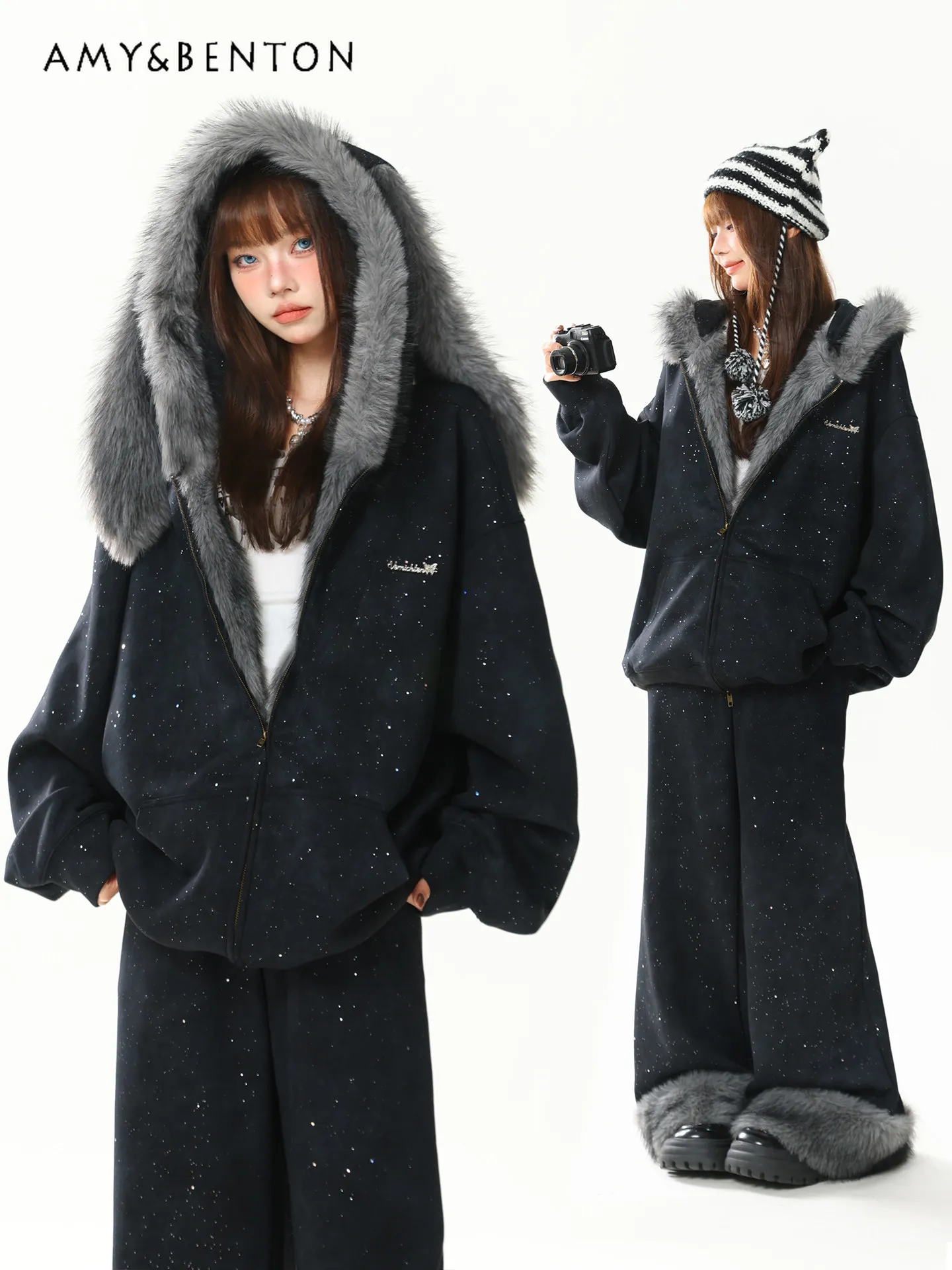 

Autumn Winter New American Style Black Starry Sky Fur Collar Rabbit Ear Fleece Hoodie Women's Loose Casual Long Pants
