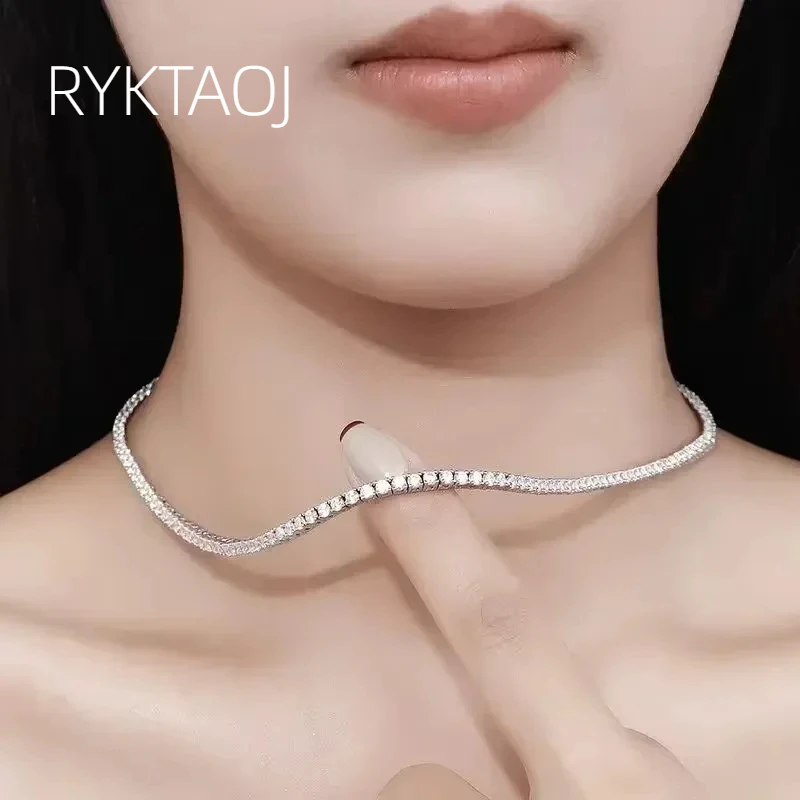 925 Sterling Silver Tennis Necklace for Women, 2MM‑4MM Round AAA Zircon Chain Necklace, 40‑50CM Thin Choker, Fine Jewelry Gift