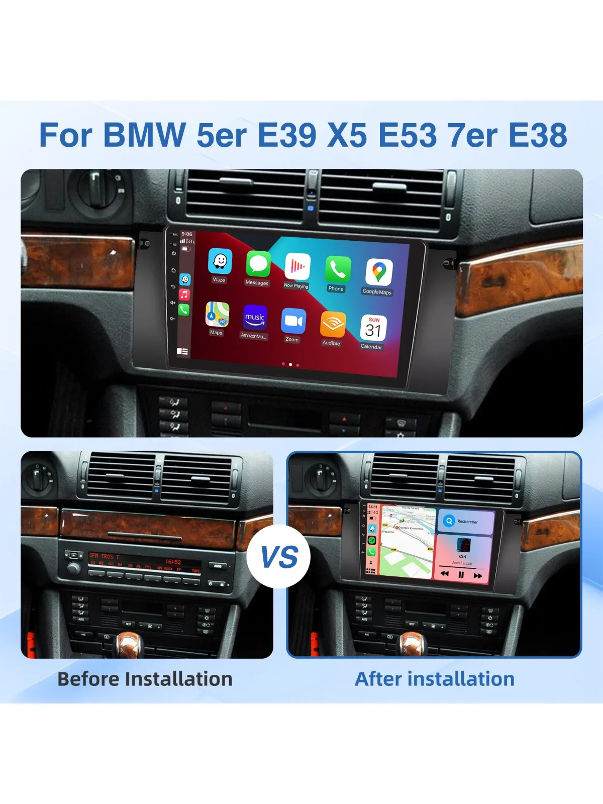 MOPECT 9" autoradio Android 15 4+64GB voor BMW 5-serie E39 7-serie E38 X5 E53 WiFi CarPlay GPS navigatie head unit AM/FM/BT+DAB&camera - afbeelding 2