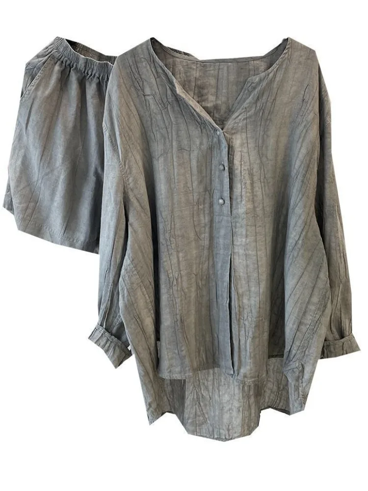 Elegant Folded Grey Cotton Linen Shirt Women's Summer Thin Cardigan Sun Protection Set Wide Leg Short Pants Two Piece Set view 5
