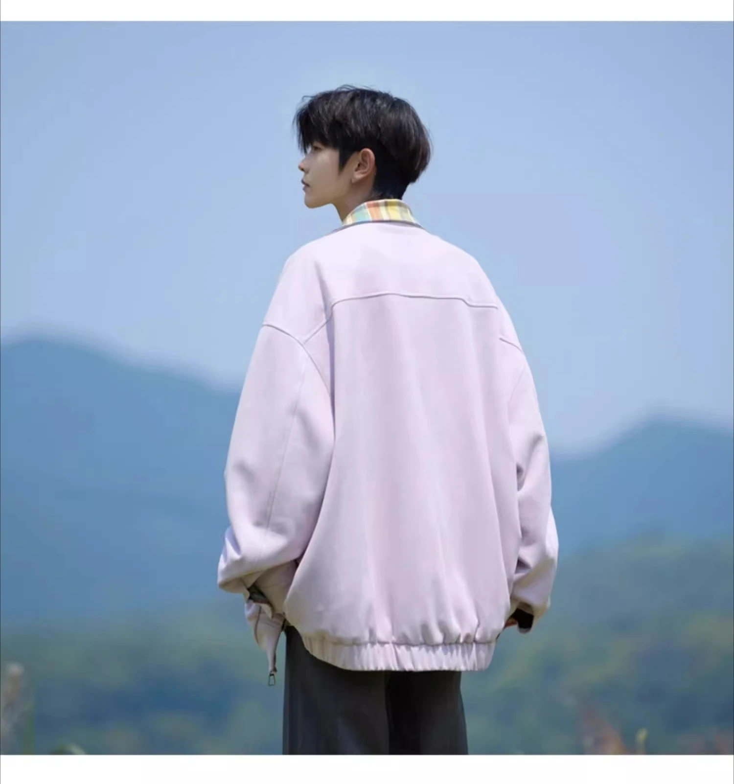 American Style Plaid Patchwork Lapel Black Purple Jacket Men's Spring Autumn New Loose Casual Daily Apricot Jacket