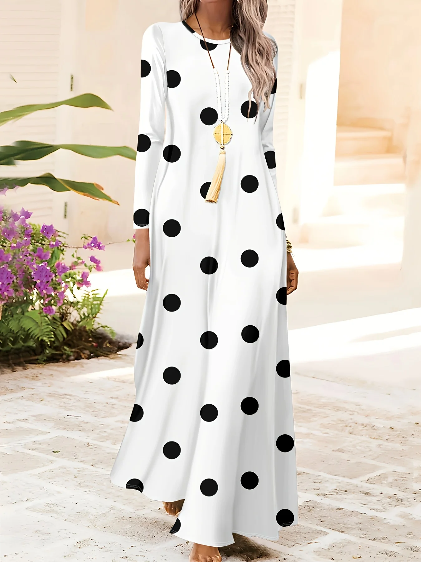 Damen Langarm-Kleid mit Rundhalsausschnitt und Polka Dots, Lässiger Urlaubsstil, Elegantes A-Linien-Kleid für Sommer, Frühling und Büro