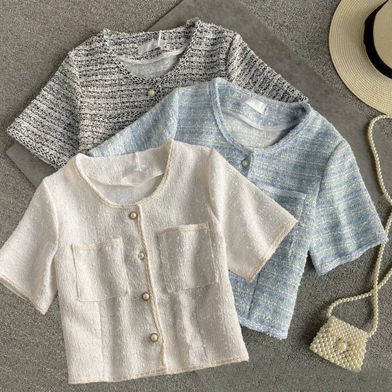 Cárdigan con cuello redondo y bolsillo para mujer, abrigo corto de Tweed elegante para oficina, chaqueta de una sola botonadura, prendas de vestir holgadas de manga corta para mujer