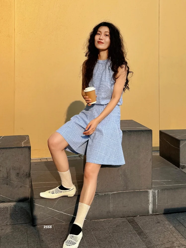 

ETLETE: Летний модный комплект из двух предметов: синяя клетчатая блузка и шорты А-силуэта, женский костюм с рубашкой и жилетом