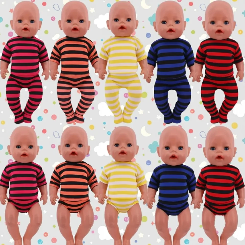 Para 18 Polegada roupas de boneca americana listrado pijamas conjunto mangas curtas apertado legging roupa interior caber 43cm boneca do bebê nascido, brinquedo de presente da menina