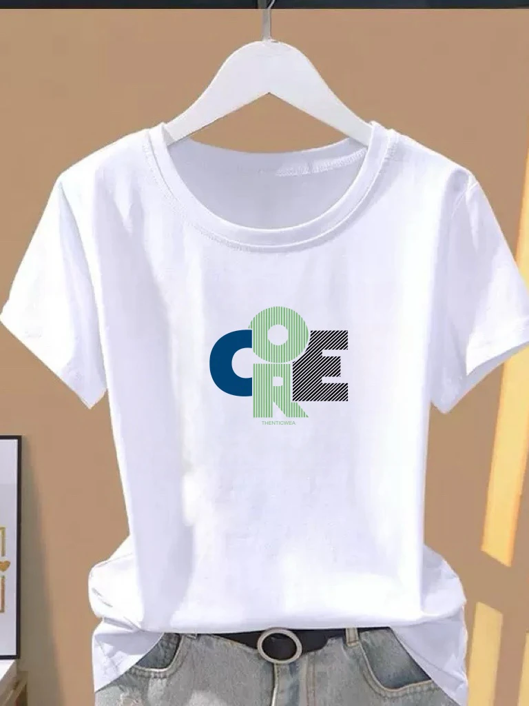 

Casual Style Women's Short Sleeve T-Shirt Loose round Neck Slimming Versatile Top Summer Leisure Print Polyester Fiber