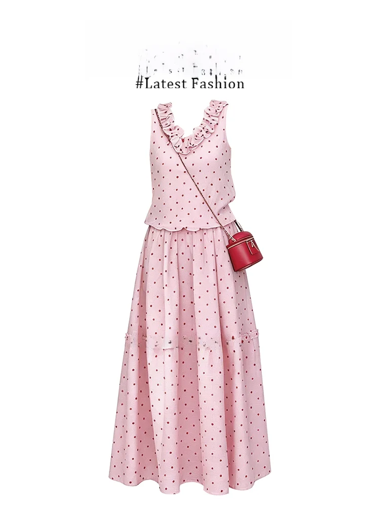 

Pink Polka Dot Halter Neck Top And Skirt Set Summer New Style Korean Style Age Reduction Gentle Checkered Skirt Trousers Set