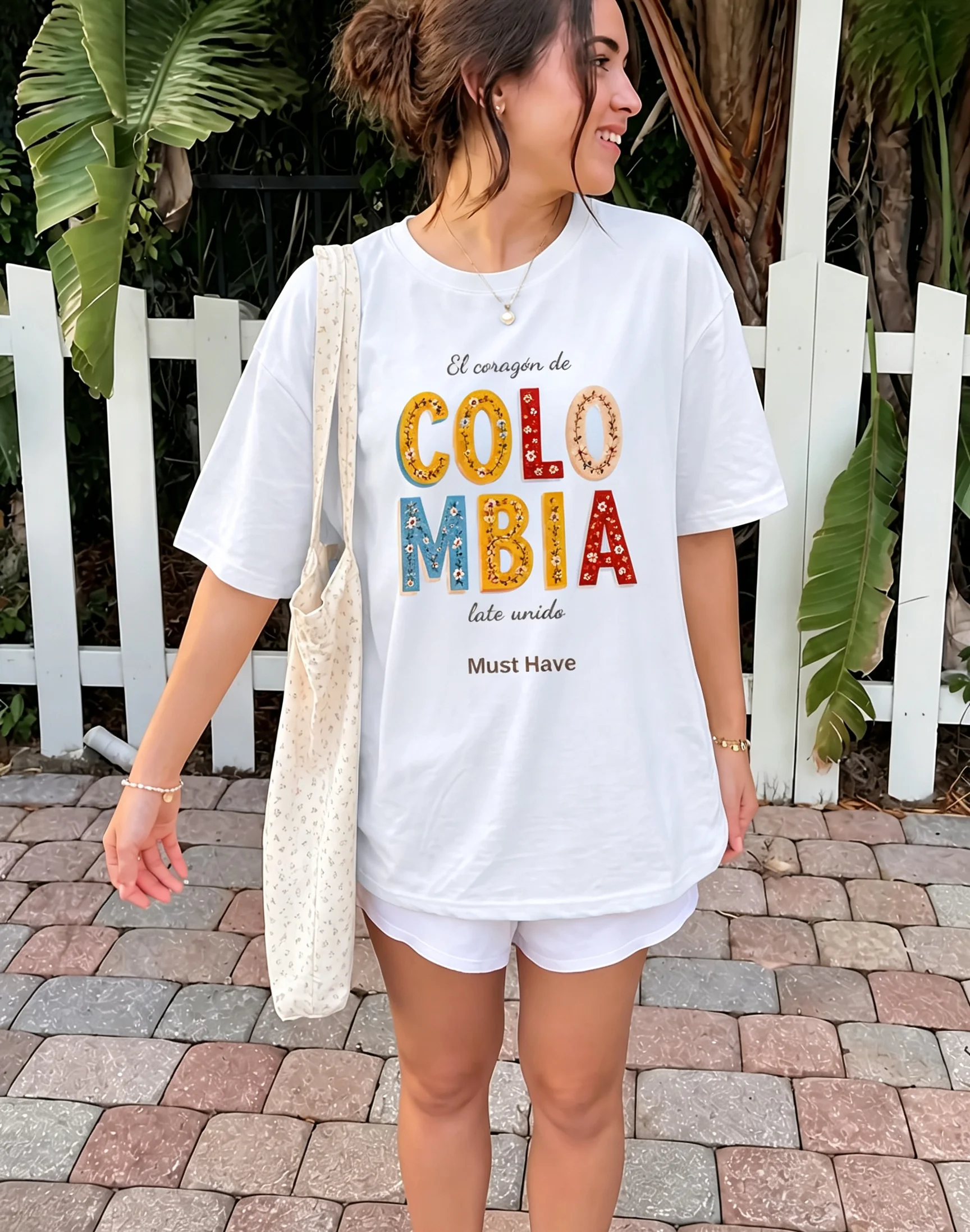 Colombia Lettering T Shirt Floral Graphic White Crewneck Loose Top Apparel for Women Summer Picnic Canvas Bag Walk Wear