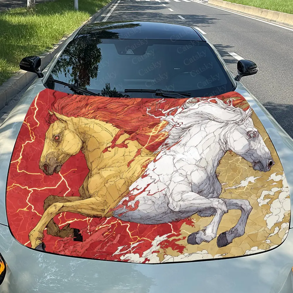 Lightning And Two Horses Car Sticker Paper, PVC Waterproof Engine Hood Sticker, Self-adhesive Scratch Resistant Sticker, Suitabl