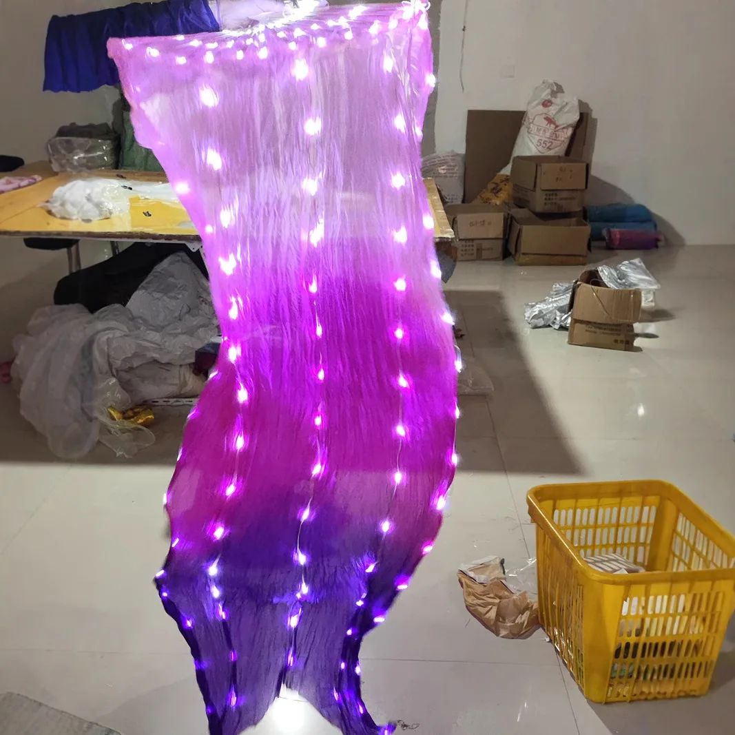New Adult LED Light up Fan Pink Rose Purple Gradient Soft Silk Dance Fan Rechargeable Belly Dance Accessories Dancer Party Props