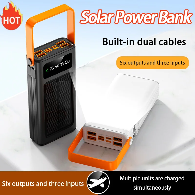 200000 mAh Solar Power Bank Встроенные кабели высокой емкости Внешний аккумулятор со светодиодной подсветкой Power Bank для iPhone Samsung Xiaomi 2025