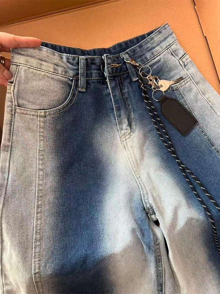 กางเกงยีนส์สีตัดกันสไตล์อเมริกันสำหรับผู้หญิง เอวสูง ทรงหลวม ลุควินเทจ แฟชั่นสตรีท กางเกงขายาวทรงกว้าง