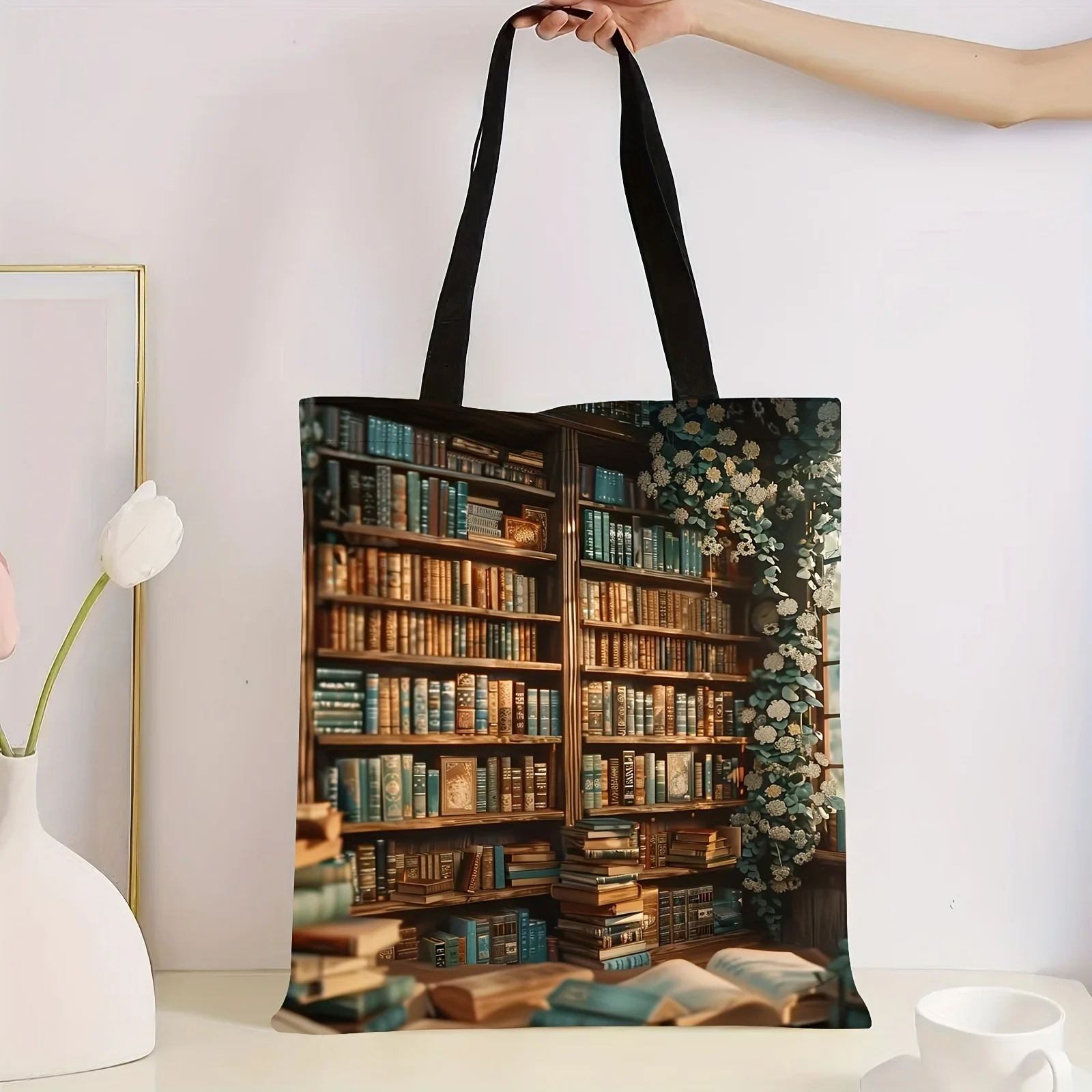 Spacious Polyester Chic Book Shelf Floral Print Tote Bag Bookshop Design Handbag for Work School & Shopping Women's Shoulder Bag
