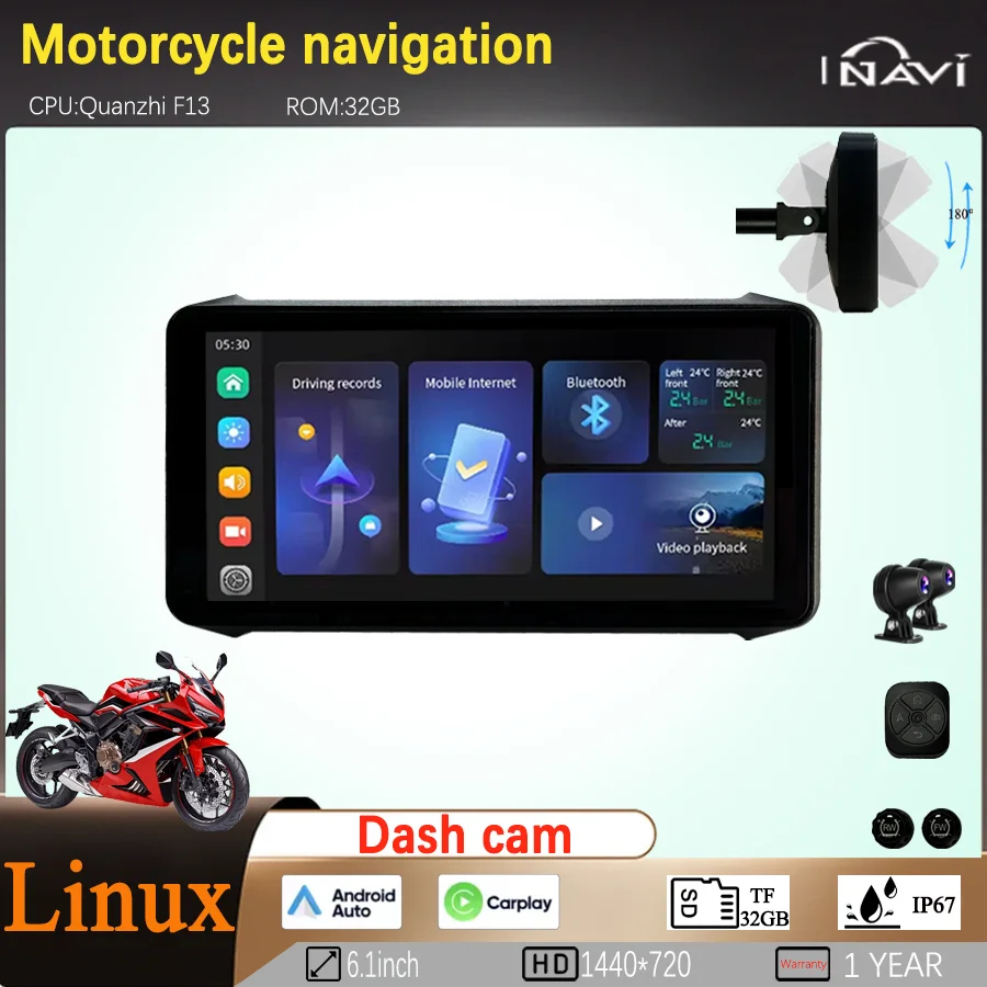 INAVI 6,1-дюймовый водонепроницаемый ЖК-дисплей для мотоцикла Linux, портативный беспроводной видеорегистратор, мониторинг давления в шинах Carplay