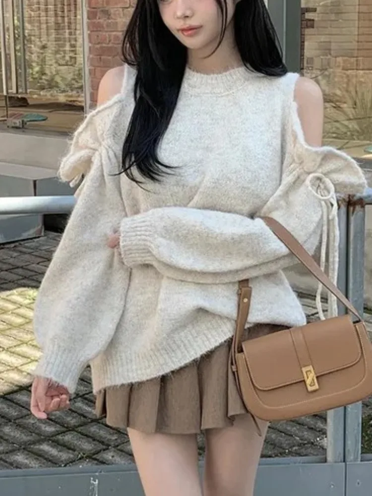 Chique outono inverno dstring oulder bared camisola de malha feminina solta camada base de emagrecimento longo sve poliéster macio