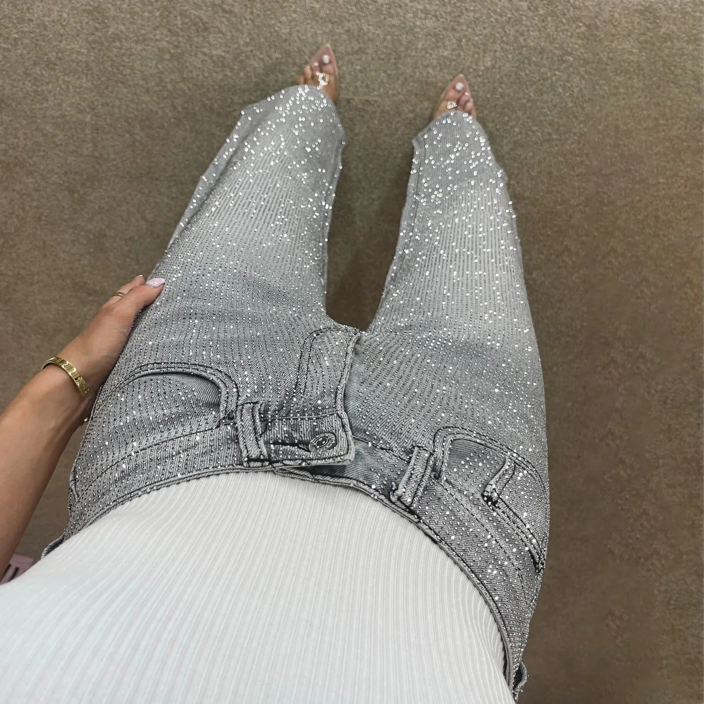 ผู้หญิงหลวม Fit กางเกงยีนส์เอวสูงขาตรง Street แฟชั่นเพชร DENIM กางเกงฤดูใบไม้ผลิฤดูร้อน