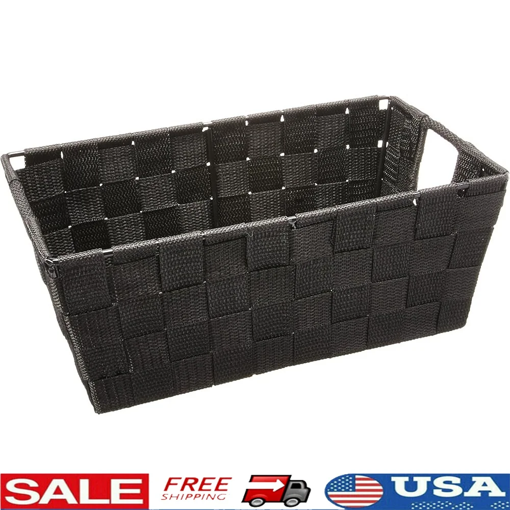 

Durable Woven Strap Small Shelf Tote with Metal Frame Built-in Handles Easy Transport Storage Baskets Closet Organization