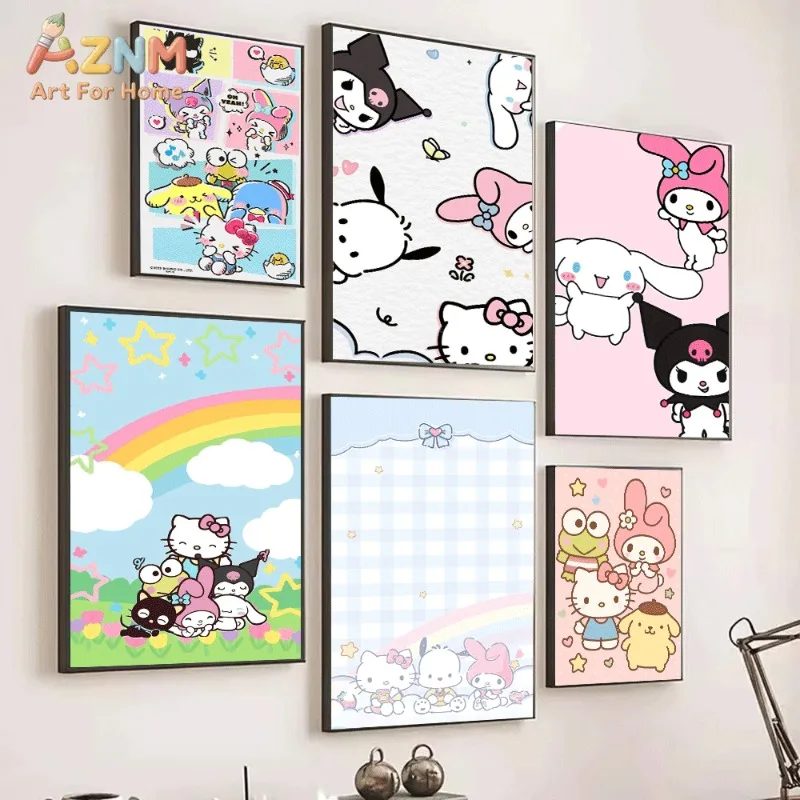 Sanrio Characters Canvas Wall Art Unframed Print Hello Kitty Kuromi My Melody Cinnamoroll Pompompurin Rainbow Heart Collage