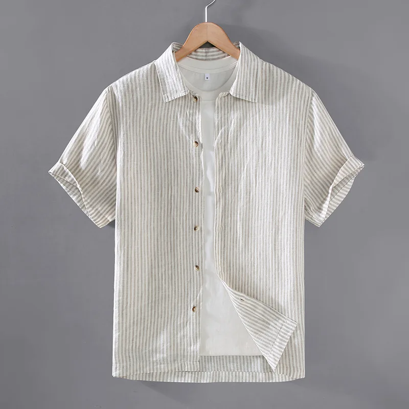 Summer men's Japanese retro minimalist striped short sleeved shirt, trendy and comfortable, versatile short sleeved shirt