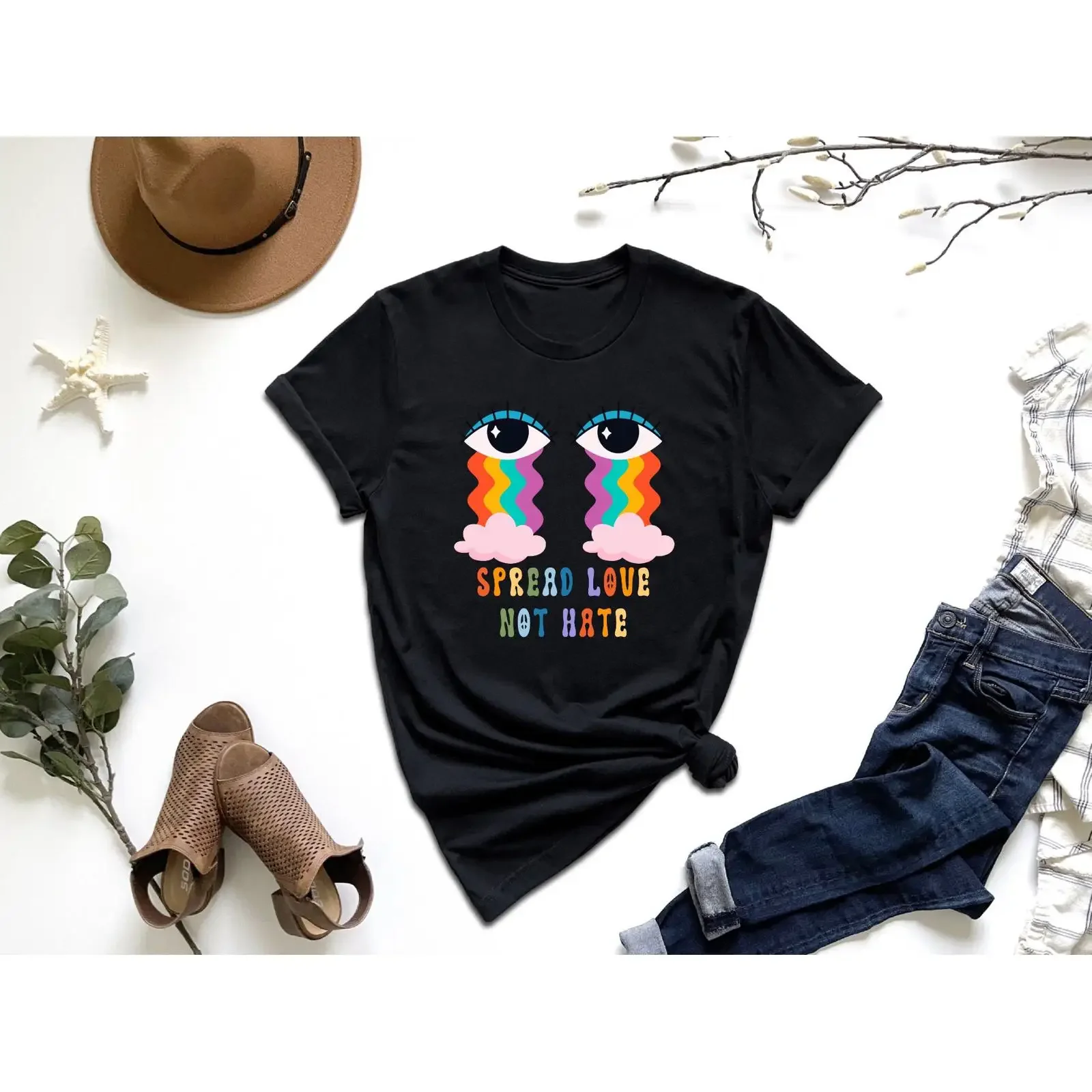 Spread Love Not Hate Rainbow T Shirt Positive Quote Kindness Equality Pride Inspirational Casual  vintage Washed Slightly homme