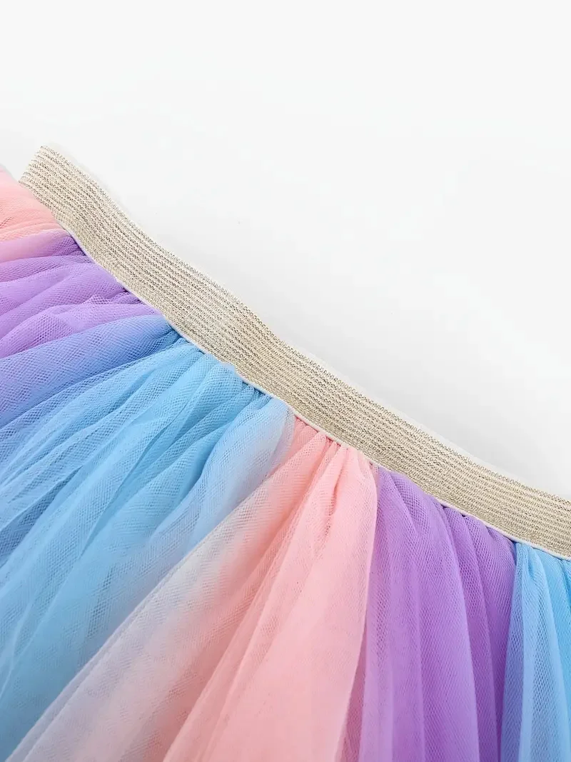 Girls Rainbow Skirt Layered Gradient Soft Tulle Tutu Skirts For Birthday Dance Performance Festive Costume