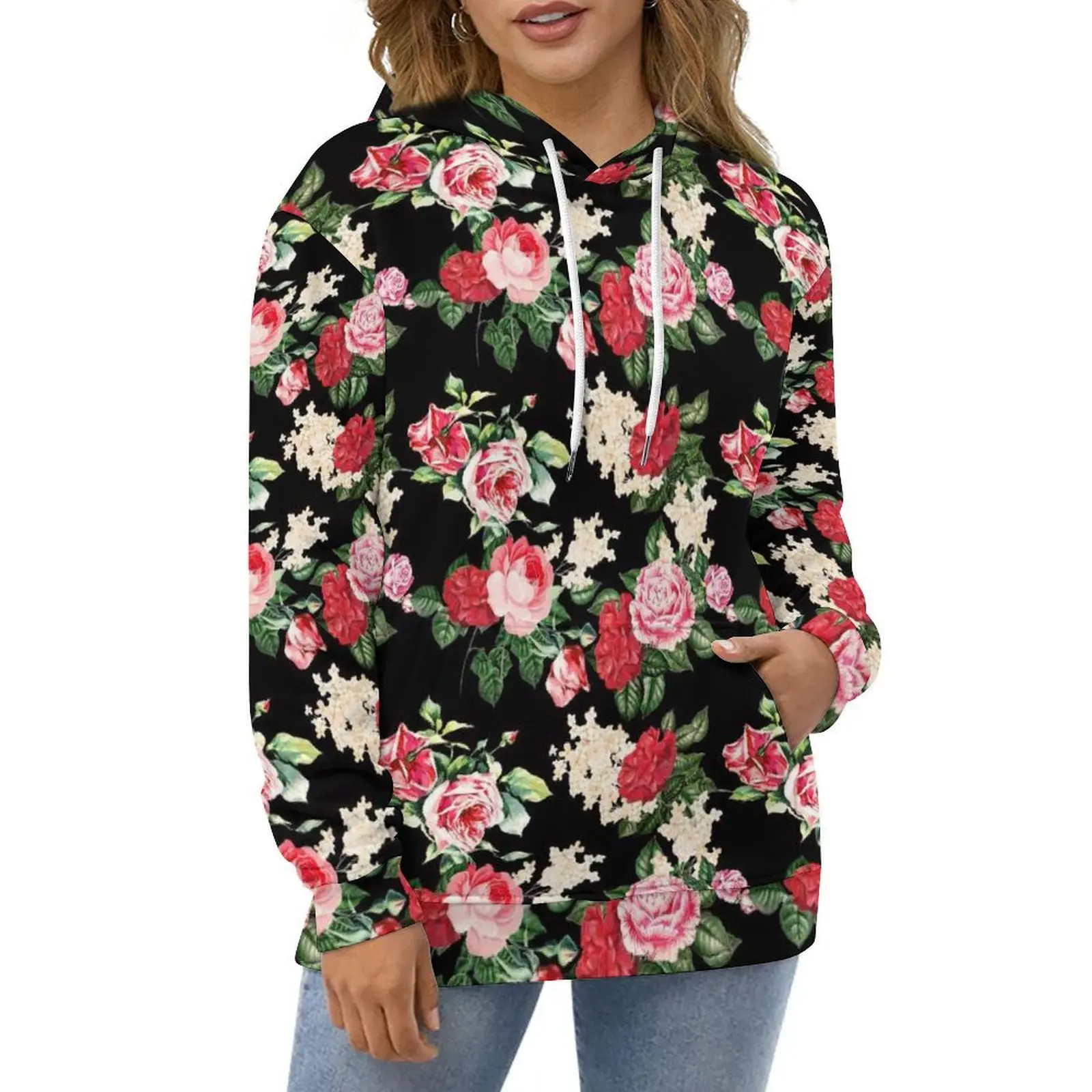 

Retro Flower Print Hoodies Rose Leaf Street Style Oversized Hoodie Couple Long-Sleeve Y2k Graphic Casual Sweatshirts